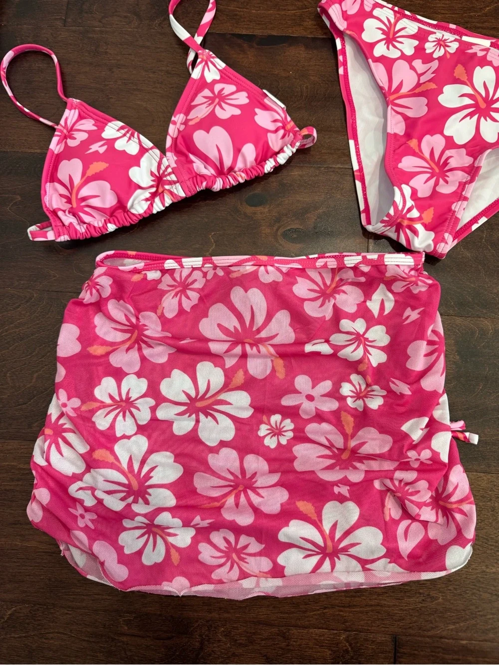 NEW 3-Piece Girls Swim Suit Set Bikini Bathing Pink Hibiscus Tropical Print, 10